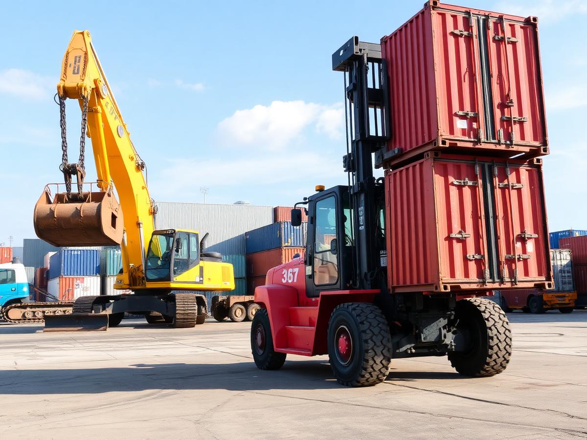 Container handler and excavator at an equipment yard