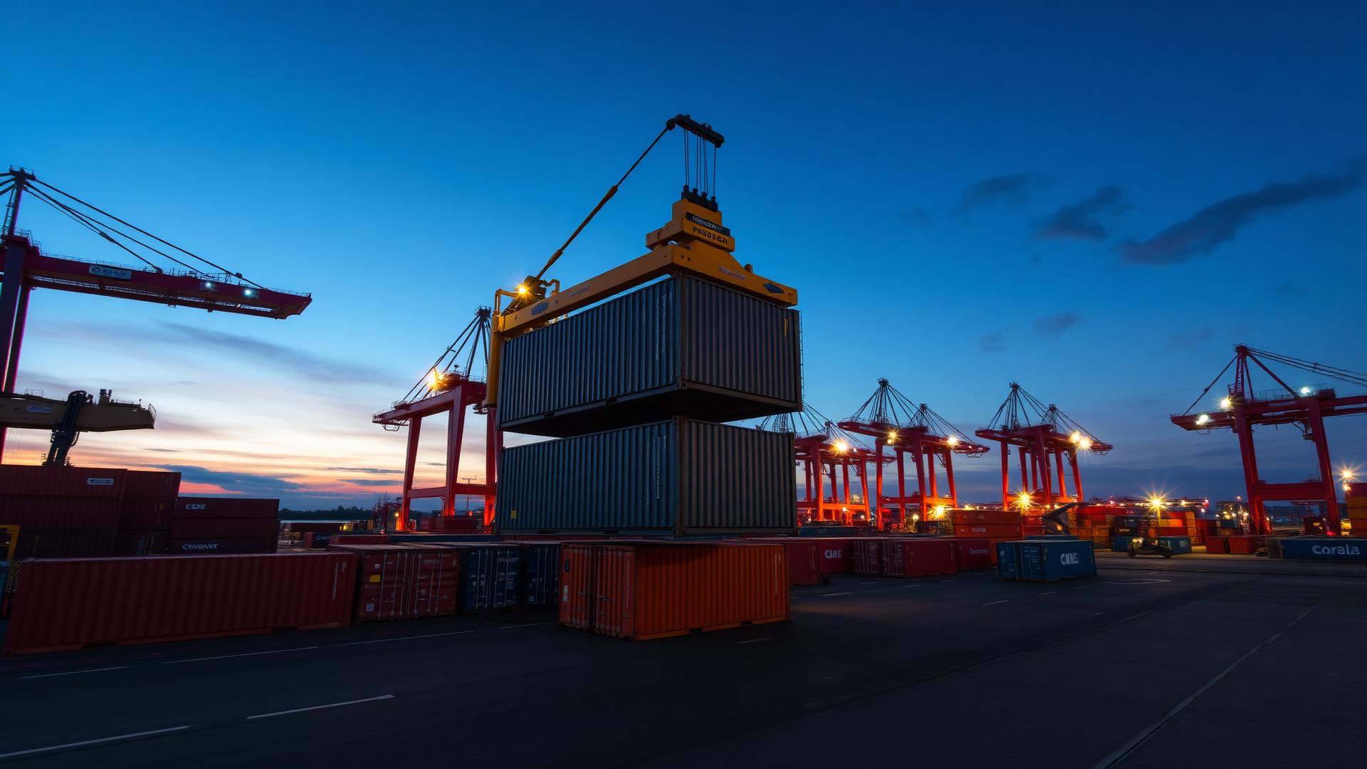Container port terminal with a reach stacker lifting a shipping container