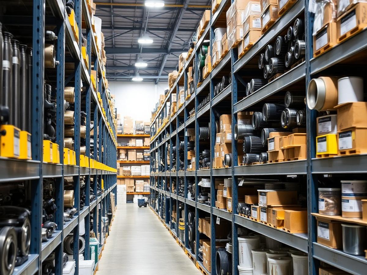 Warehouse shelving stocked with heavy equipment spare parts